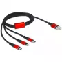 USB-laadimiskaabel DeLOCK 3-in-1 Type-A – Lightning / 2 × USB USB-C 1 m must / punane