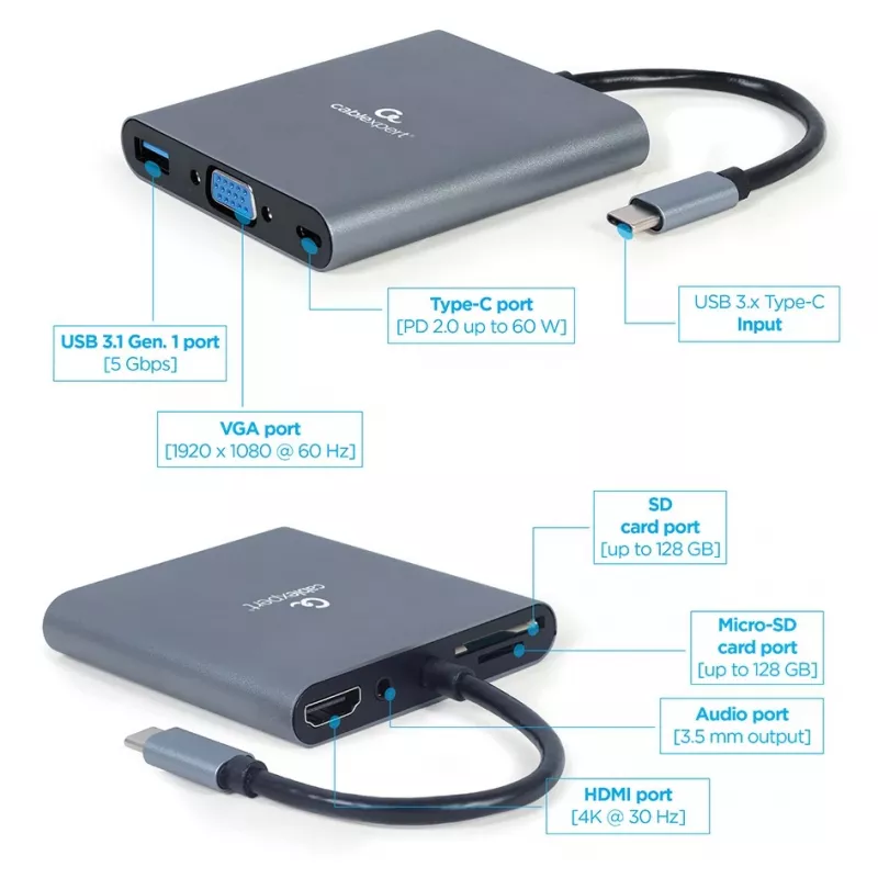 Gembird a-CM-COMBO6-01 sülearvuti dokk/pordi replikaator USB 3.2 Gen 1 (3.1 tolli)