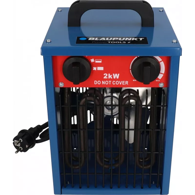 Ventilaator-elektrikeris BLAUPUNKT EH7010 — 2000 W, roostevabast terasest element, IPX4, põrandakasutus, kuni 22 m² ruumidele, must/punane/sinine