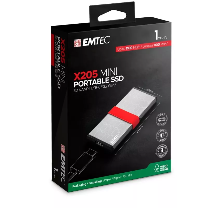 Emtec X205 Mini 1 TB USB Type-C USB 3.2 Gen 2x2 Hõbedane