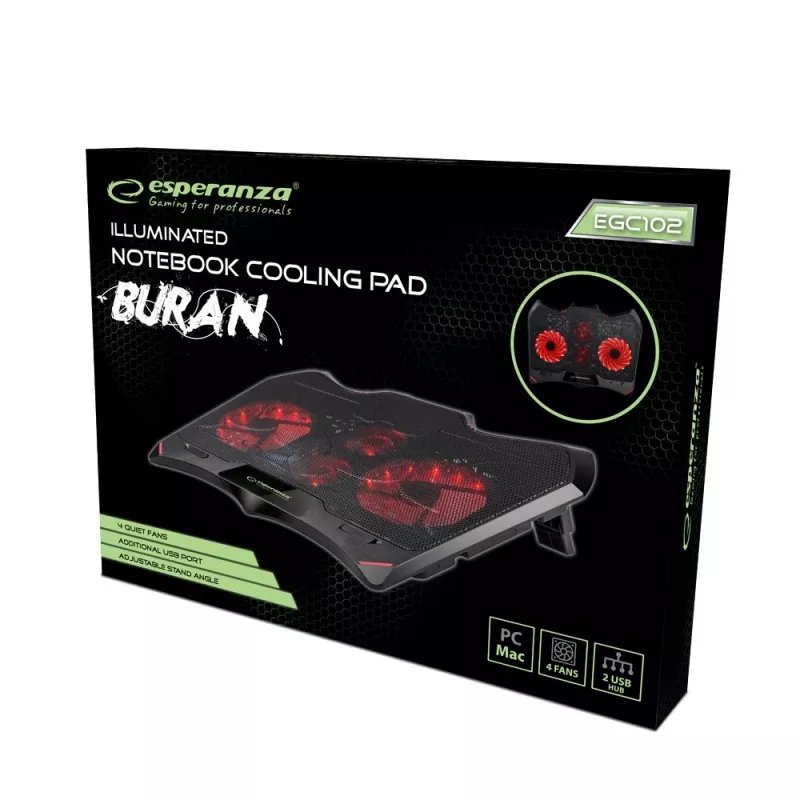 Sülearvuti jahutusalus ESPERANZA EGC102 — 4 ventilaatorit, USB-toitega, 2 kõrgusasendit, must, 415×305×27 mm