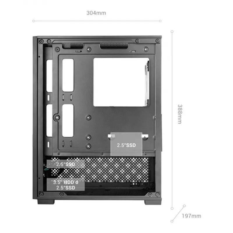 Mini Tower PC korpus TACENS Mars Gaming MC-SE2 — Mini-ITX / Micro-ATX, must, külgaken, alumine toiteplokk, toetab 2x2,5 tolli + 1x3,5 tolli