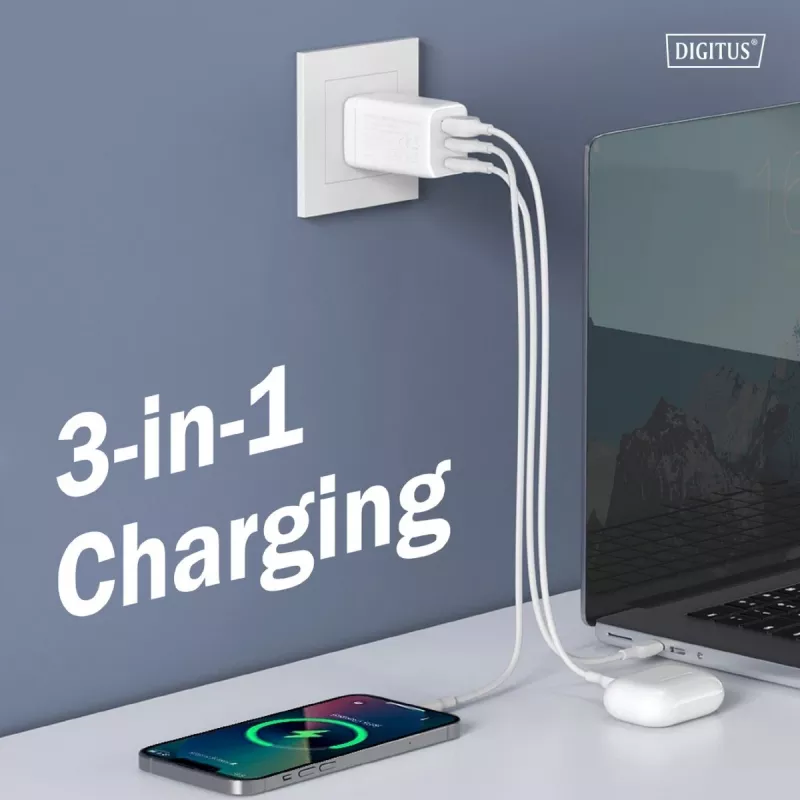 Seinalaadija DIGITUS DA-10303 67W GaN, 2× USB-C + 1× USB-A, 100–240V, valge