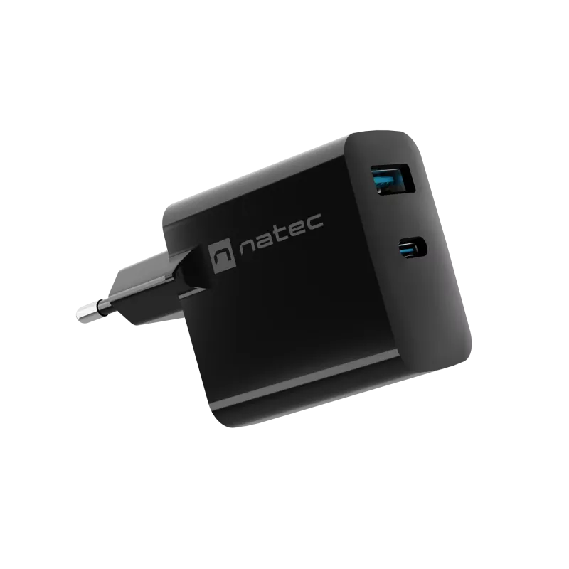 Juhtmega mobiilseadme laadija NATEC NUC-2145, 65W, USB-C PD 3.0 + QC 3.0, 1x USB-C, 1x USB-A, 110–240 V, must