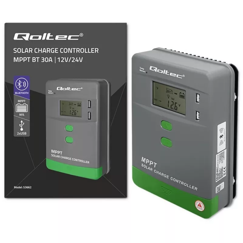 MPPT päikeselaadimiskontroller QOLTEC 53662 temperatuurianduriga