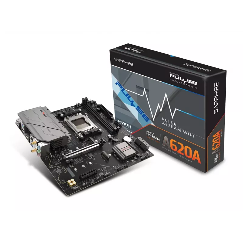 Emaplaat Sapphire PULSE A620AM (microATX) pesa AM5, AMD A620A, DDR5, 2x DIMM, 64 GB, 2x M.2, Gigabit LAN