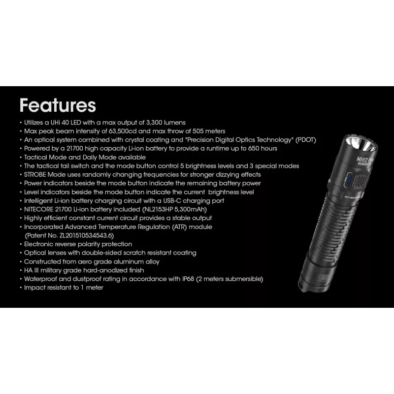 Käsilamp Nitecore MH12 Pro Must LED 3300 lm USB-laetav 5300 mAh, alumiinium, 138,5 mm, 81,5 g, veekindel 2 m