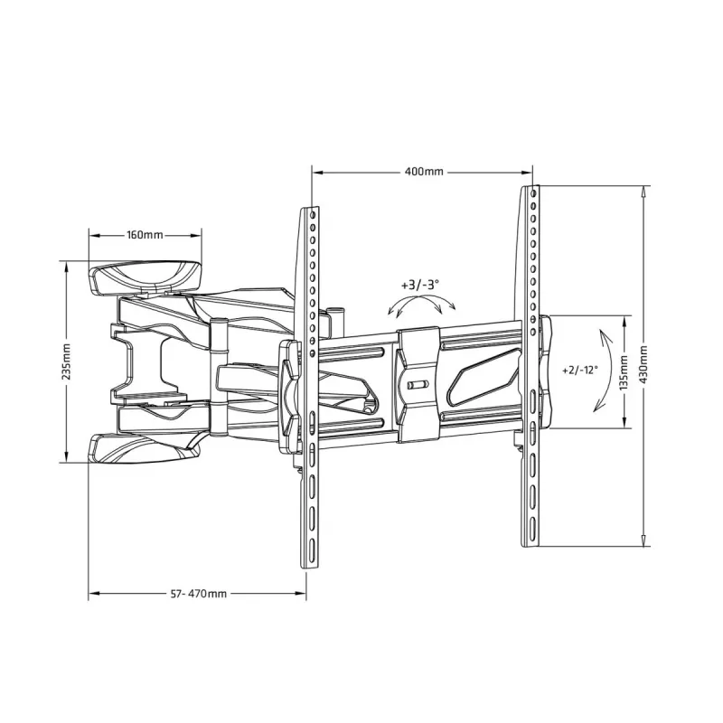 TV seinakinnitus MACLEAN MC-781 ekraanidele 66–177,8 cm (26–70 tolli), kaldenurk -12–2°, VESA 100x100–400x400, max koormus 45 kg, must
