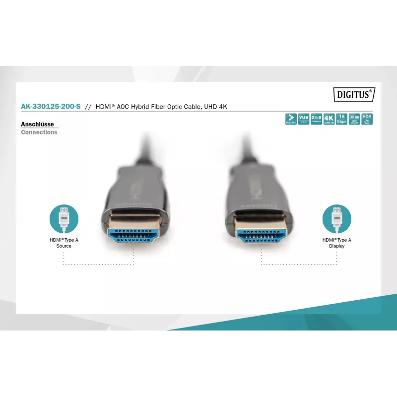 HDMI AOC Hybrid Fiber Optic kaabel Digitus AK-330125-200-S