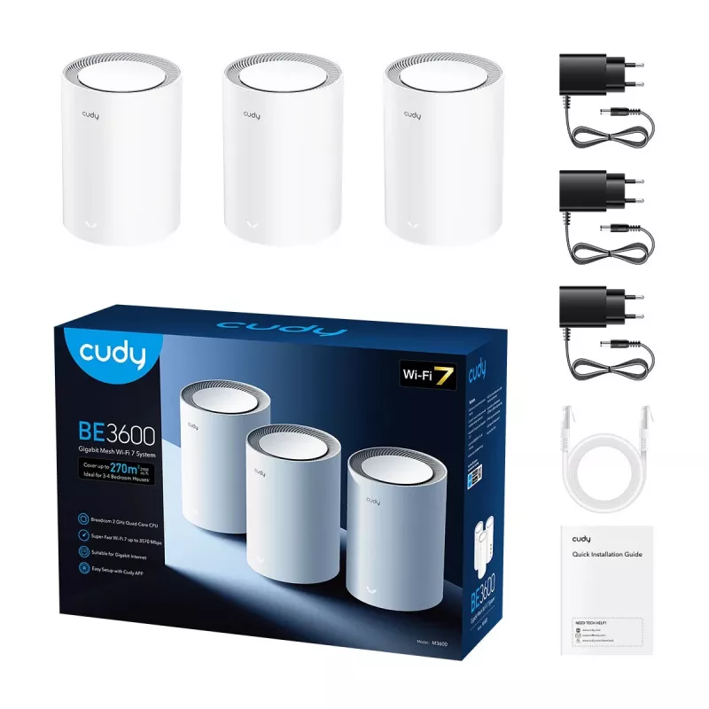 Võrgusüsteem Cudy M3600 Wi‑Fi 7 kaheribaline (2,4/5 GHz), 3-pakk, 2882/688 Mbit/s, 3x LAN, sisemised antennid