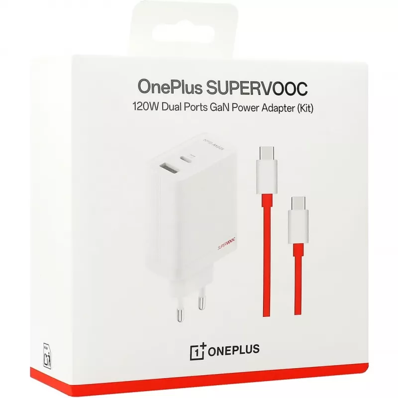 Toiteadapter ONEPLUS SUPERVOOC 120W kahe pordiga juhtmega laadija, 120W koguväljund, 1x USB-C + 1x USB-A, 100–240V, 145 g, valge