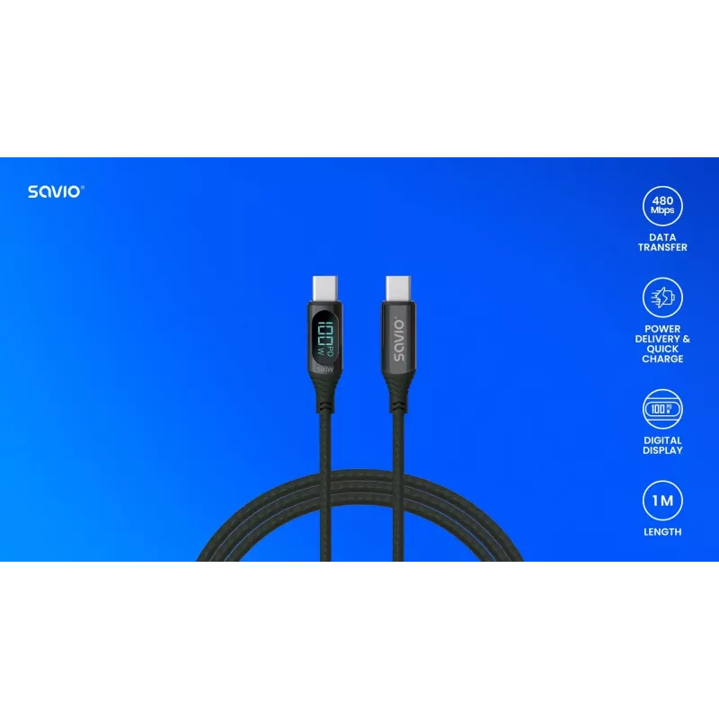 Savio USB-C - USB-C kaabel CL-174 1m must USB 3.2 Gen 1