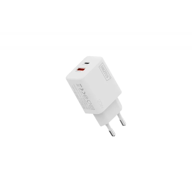 AC-USB-laadija DIGITUS 20 W, 1x USB-C, 1x USB-A, sisend 100–240 V, valge