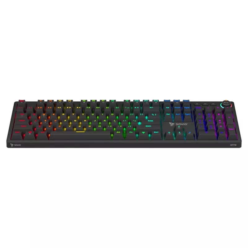 Mehaaniline mänguklaviatuur SAVIO STYX Outemu Red — täissuuruses 104-klahviga USB-juhtmega, RGB, ANSI US International, 1,5 m, must