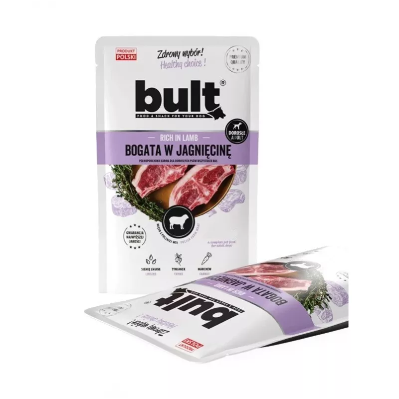 Märg koeratoit BULT Rikas lambalihaga 100 g kotike — täisväärne täiskasvanud koera toit, 75% niiskus, 12% valk, teraviljavaba