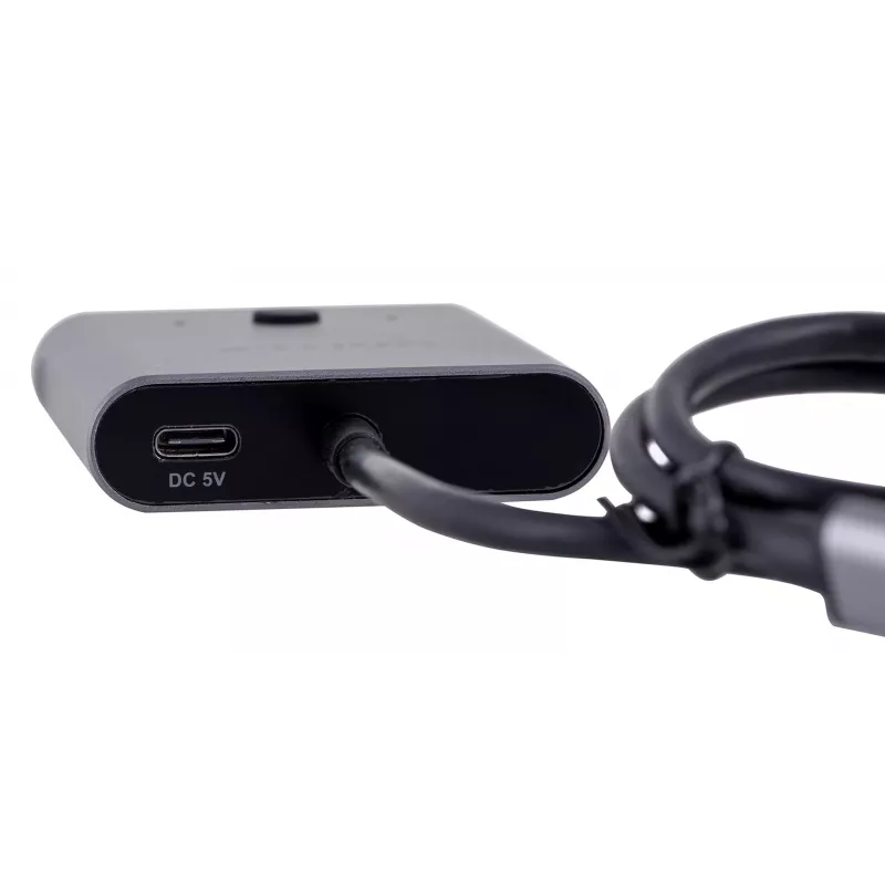 Dokkimisjaam Unitek D1078A — USB-C jaotur, 2x USB-C sisend, 1x USB-C väljund, 100 W PD, 4K tugi, max 3480×2160, hall