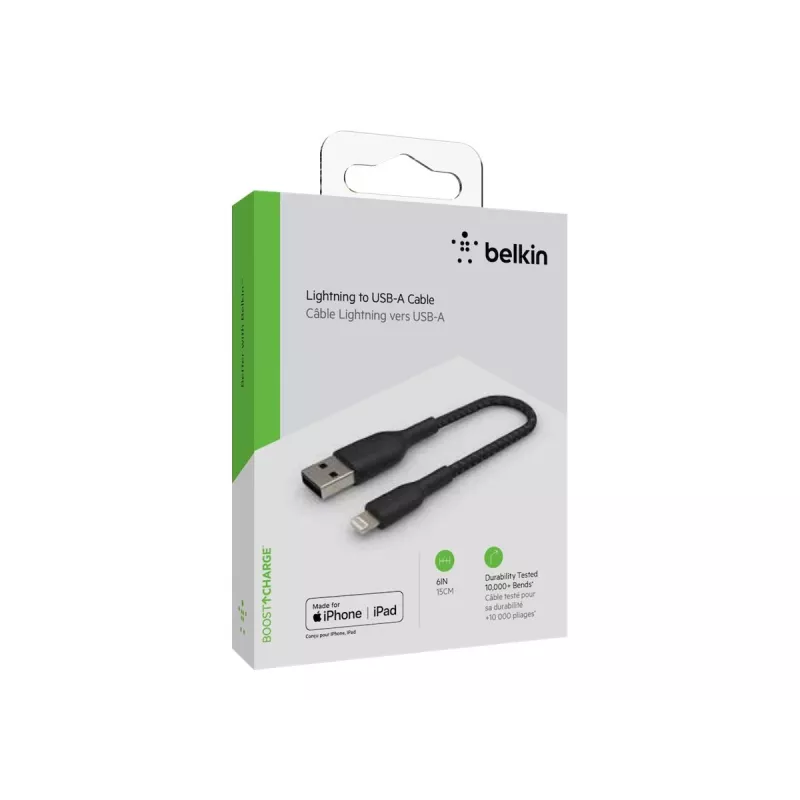 Punutud USB-Lightning kaabel 15 cm must
