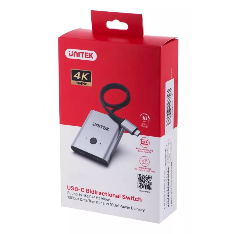 Dokkimisjaam Unitek D1078A — USB-C jaotur, 2x USB-C sisend, 1x USB-C väljund, 100 W PD, 4K tugi, max 3480×2160, hall