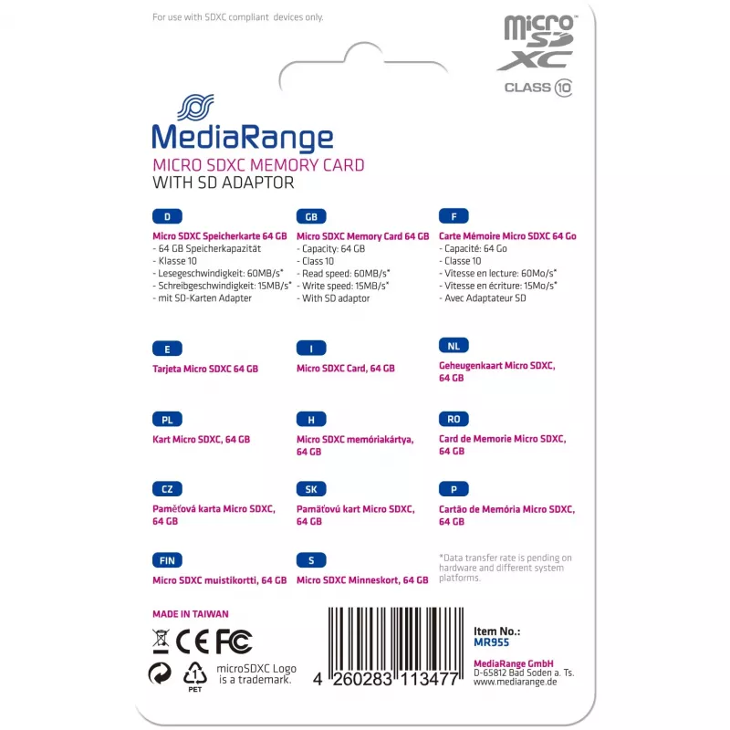 Mälukaart MediaRange 64GB MicroSDXC Class 10 MR955