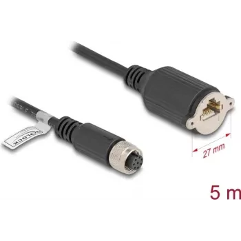 Võrgukaabel DeLOCK M12 kaabel A-kodeeringuga 8 kontaktiga emane RJ45 pesale Cat.5e 5 m must