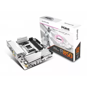 Emaplaat Sapphire PURE B850M WIFI Micro ATX — AMD B850, pesa AM5, DDR5 kuni 8000 MHz, 4 DIMM, Wi‑Fi 6, 2,5 Gb LAN, 2× M.2, PCIe 5.0 x16