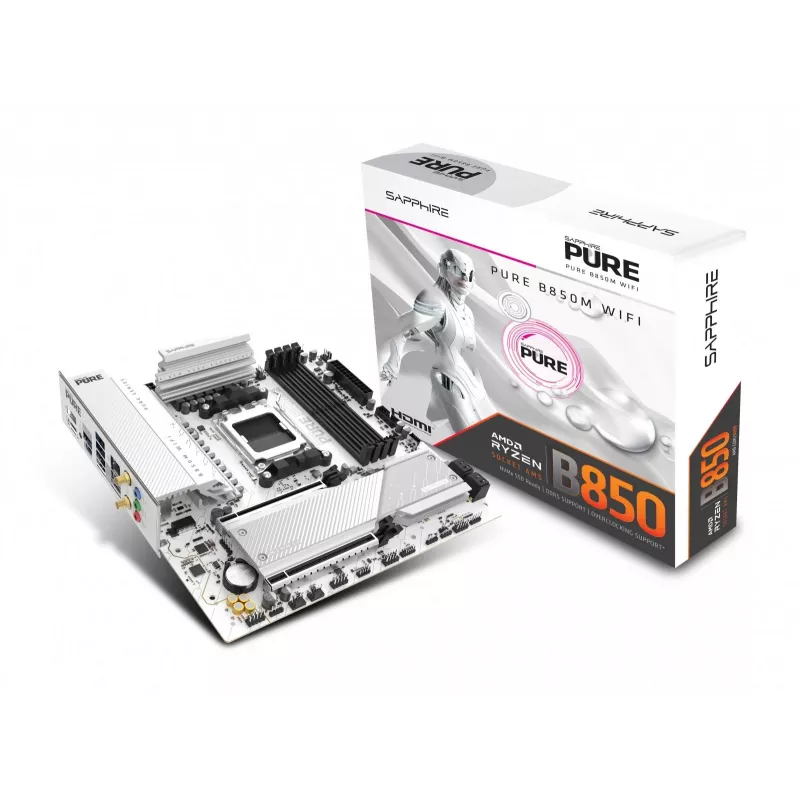 Emaplaat Sapphire PURE B850M WIFI Micro ATX — AMD B850, pesa AM5, DDR5 kuni 8000 MHz, 4 DIMM, Wi‑Fi 6, 2,5 Gb LAN, 2× M.2, PCIe 5.0 x16