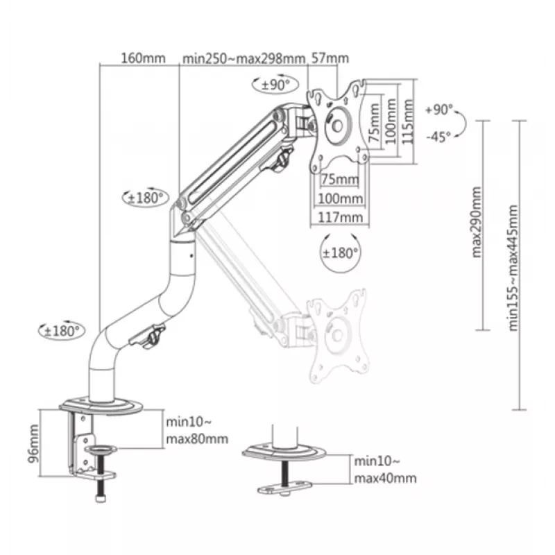 Gembird MA-DA1-02 Reguleeritav lauamonitori kinnituskäsi (kallutatav), 17”–32”, kuni 8 kg