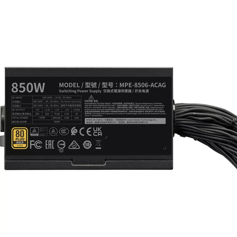 Cooler Master toiteplokk MWE Gold 850 V3 850W 80+Gold mitte-modulaarne ATX 3.1 ventilaator 120mm garantii 5 a