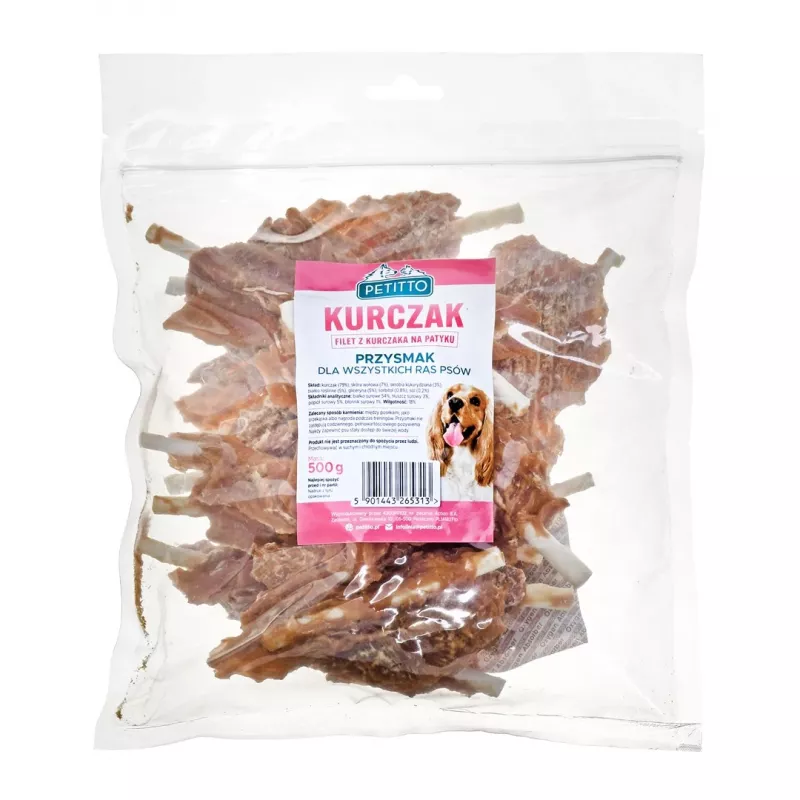 Koeramaiused PETITTO kanafilee pulga otsas 500 g — linnuliha dieetsnäkk, 500 g plastpakend