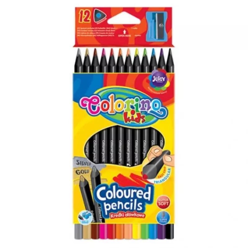 Colorino Kids kolmnurksed värvilised pliiatsid 12 värvi (koos teritajaga) must puit