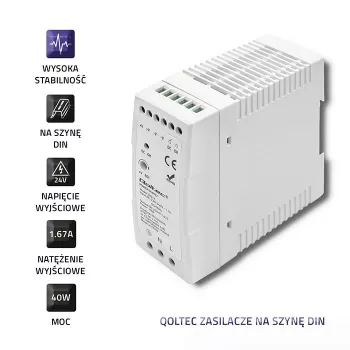 Qoltec Din Rail toiteplokk | 40W | 24V | 1.67A | Valge | õhuke