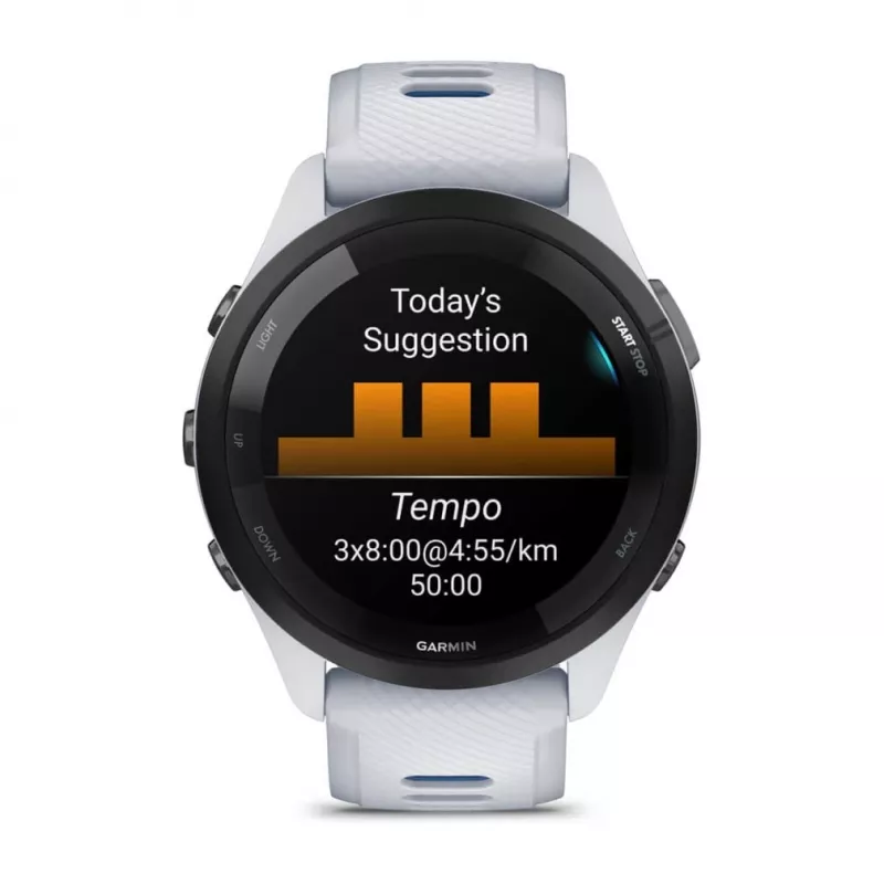 Nutikell GARMIN Forerunner 265 — 46 mm GFRP korpus, AMOLED 1.3 tolli, GPS/GLONASS/Galileo, 15-päevane aku, 5 ATM, silikoonist rihm