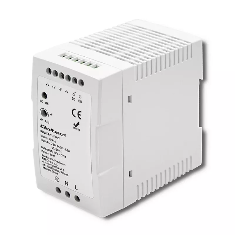 Qoltec 50914 DIN-liistu toiteplokk | 90W | 12V | 7,5A | Valge | Õhuke
