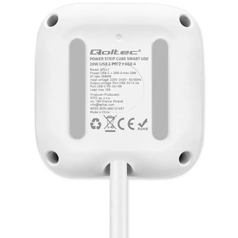 Toitepistik QOLTEC 52547 3× vahelduvvoolupistikupesa, 2× USB-A, 1× USB-C PD 20W
