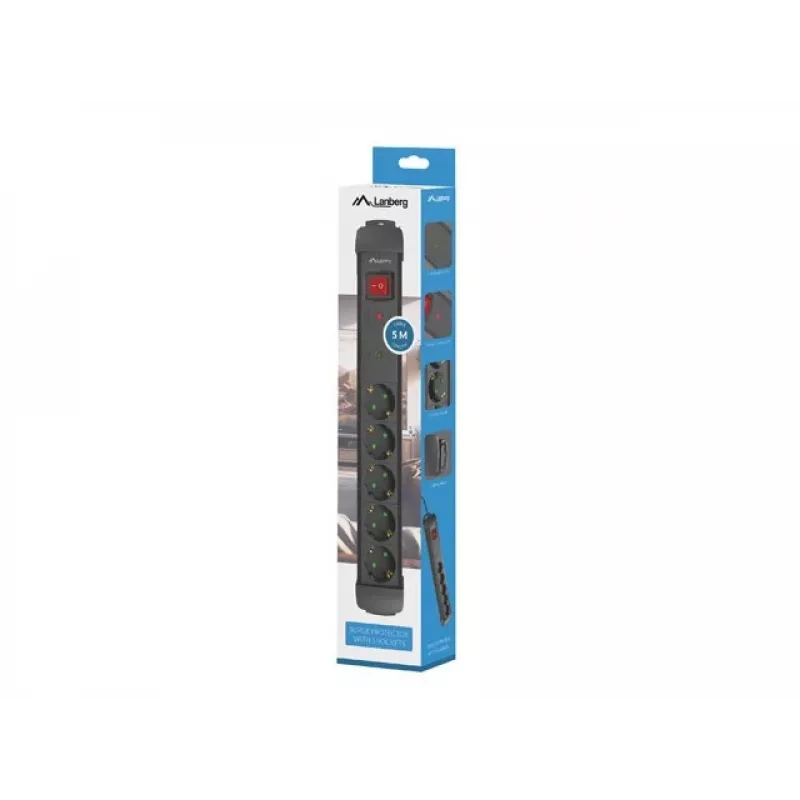 Pikendusjuhe Lanberg SP1-05F-0500-BK 5m 5 vahelduvvoolupistikut Siseruumides Must