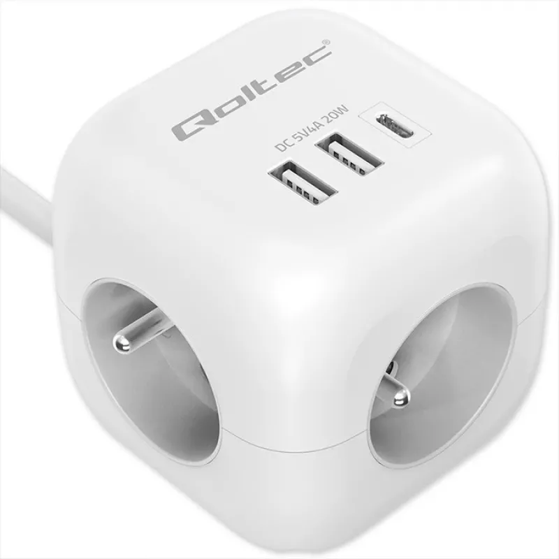 Toitepistik QOLTEC 52547 3× vahelduvvoolupistikupesa, 2× USB-A, 1× USB-C PD 20W