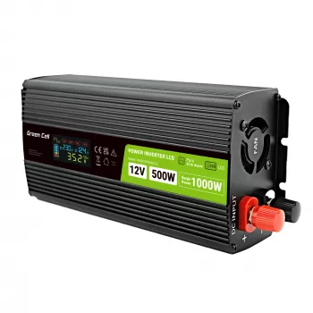 Green Cell pingemuundur PowerInverter LCD 12 V 500W/1000W auto inverter ekraaniga - puhta siinusega toiteadapter/inverter Auto Must