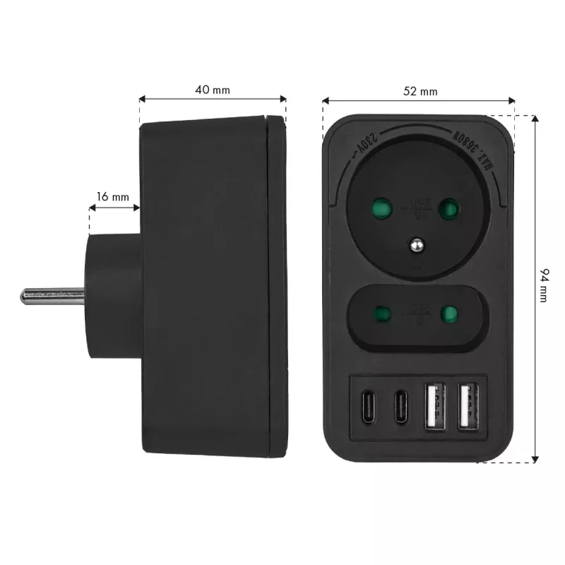 Toitejaotur MACLEAN MCE249 F/B — 2 vahelduvvoolupesa (16A + 6A) koos 2×USB-A ja 2×USB-C PD 20W, EL-pistik, must