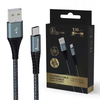 USB-A–USB-C-kaabel Extralink Smart Life 15W, 120 cm, nailonpunutisega, 5V 2,4A/3A, must