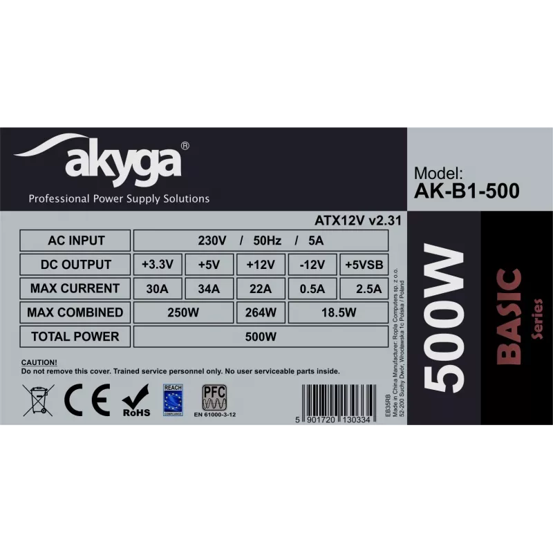 Toiteplokk Akyga AK-B1-500, 500 W, ATX 2.31, 20+4 pin, 120 mm ventilaator, mittemodulaarne