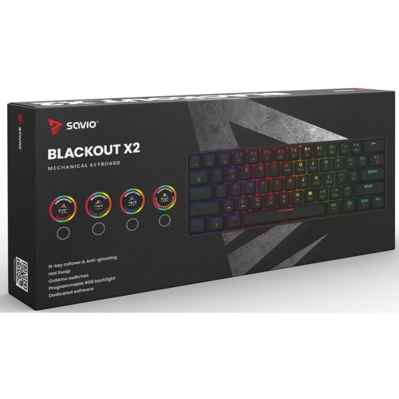 Mehaaniline mänguklaviatuur SAVIO MustOUT X2 BROWN 61-klahviga 60% USB QWERTY RGB Outemu Brown