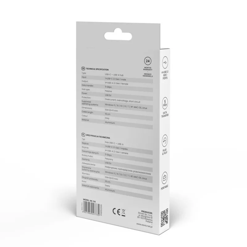 USB-jaotur SAVIO AK-54 — 4 x USB-A (USB 3.2 Gen 1), USB-C host, must