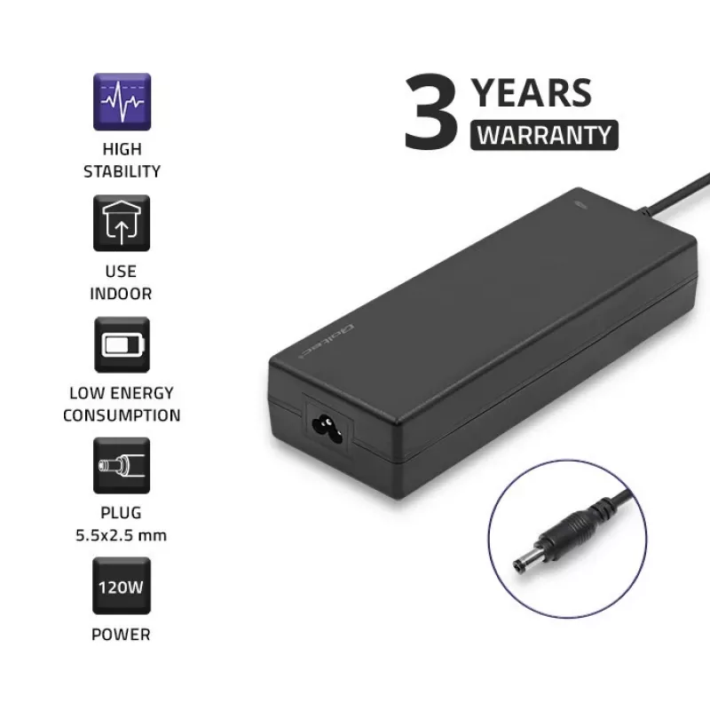 Qoltec 120W lauaarvuti toiteplokk | 12V | 10A | 5.5*2.5 | + toitekaabel