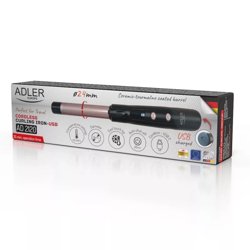 Juhtmevaba lokitang Adler AD 2120 — 2,4 cm keraamilis-turmaliiniga toru, LED-ekraan, kuni 170–210 °C, laetav 2×2600 mAh