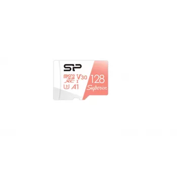 MicroSDXC-kaart Silicon Power Superior 128 GB UHS‑I Class 10 U3 V30, 100/80 MB/s, valge/virsik