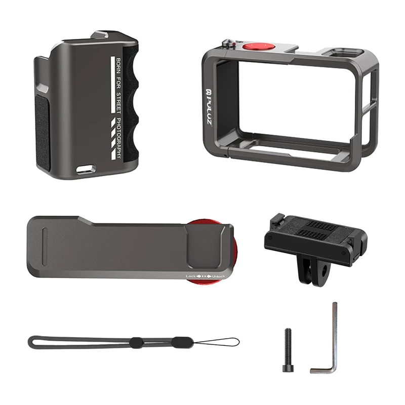 Metallist kaitsekarp Puluz käepidemega DJI Osmo Action 5 Pro / Action 4 / Action 3 jaoks
