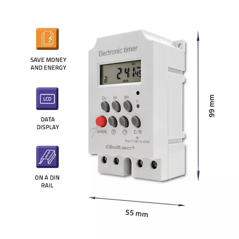 DIN-liistule paigaldatav elektrooniline taimer QOLTEC PC0629 — 24 V toide, 16 A väljund