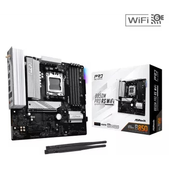 ASRock B850M Pro RS WiFi emaplaat — AMD B850, Socket AM5, microATX, DDR5, 4 DIMM, 256GB, Wi‑Fi 6E, 2.5Gb LAN, 3x M.2