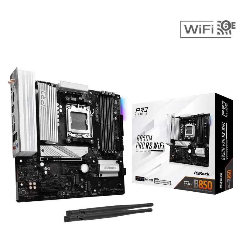 ASRock B850M Pro RS WiFi emaplaat — AMD B850, Socket AM5, microATX, DDR5, 4 DIMM, 256GB, Wi‑Fi 6E, 2.5Gb LAN, 3x M.2