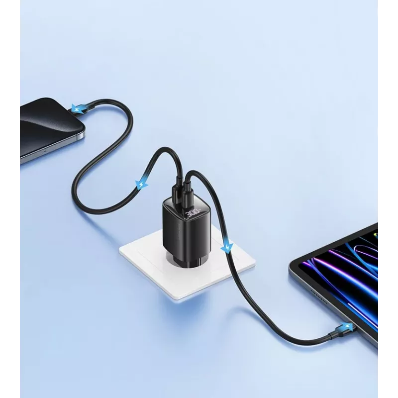 USB ja USB-C 30W GaN kiirlaadija usams CC229 valge — LED-indikaator, kompaktne disain